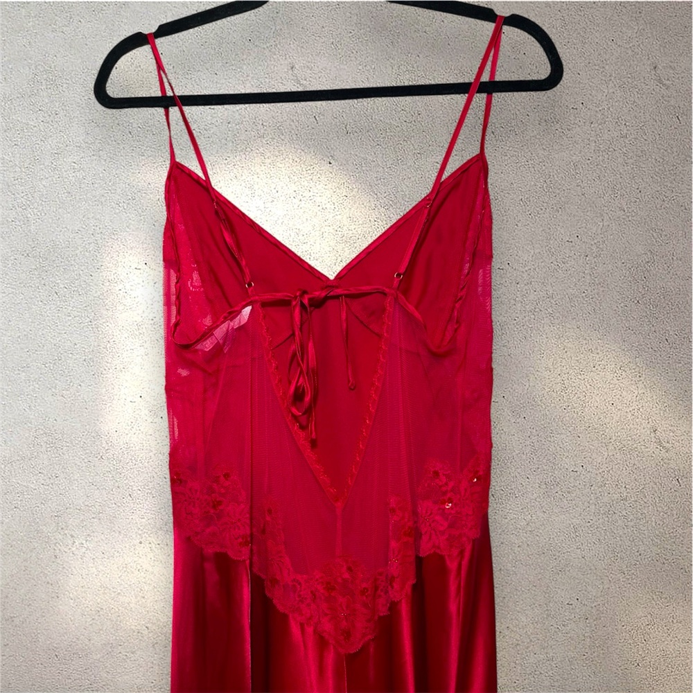 Vintage 90s Y2K Victoria's Secret Long Red Satin Lace Slip Dress Backless Sheer - Picture 5 of 8